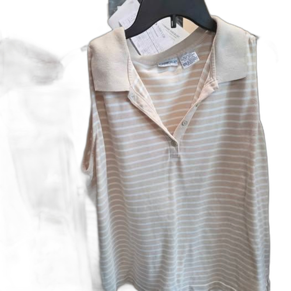 CABIN CREEK XL Tan White Stripe Sleeveless Polo Shirt